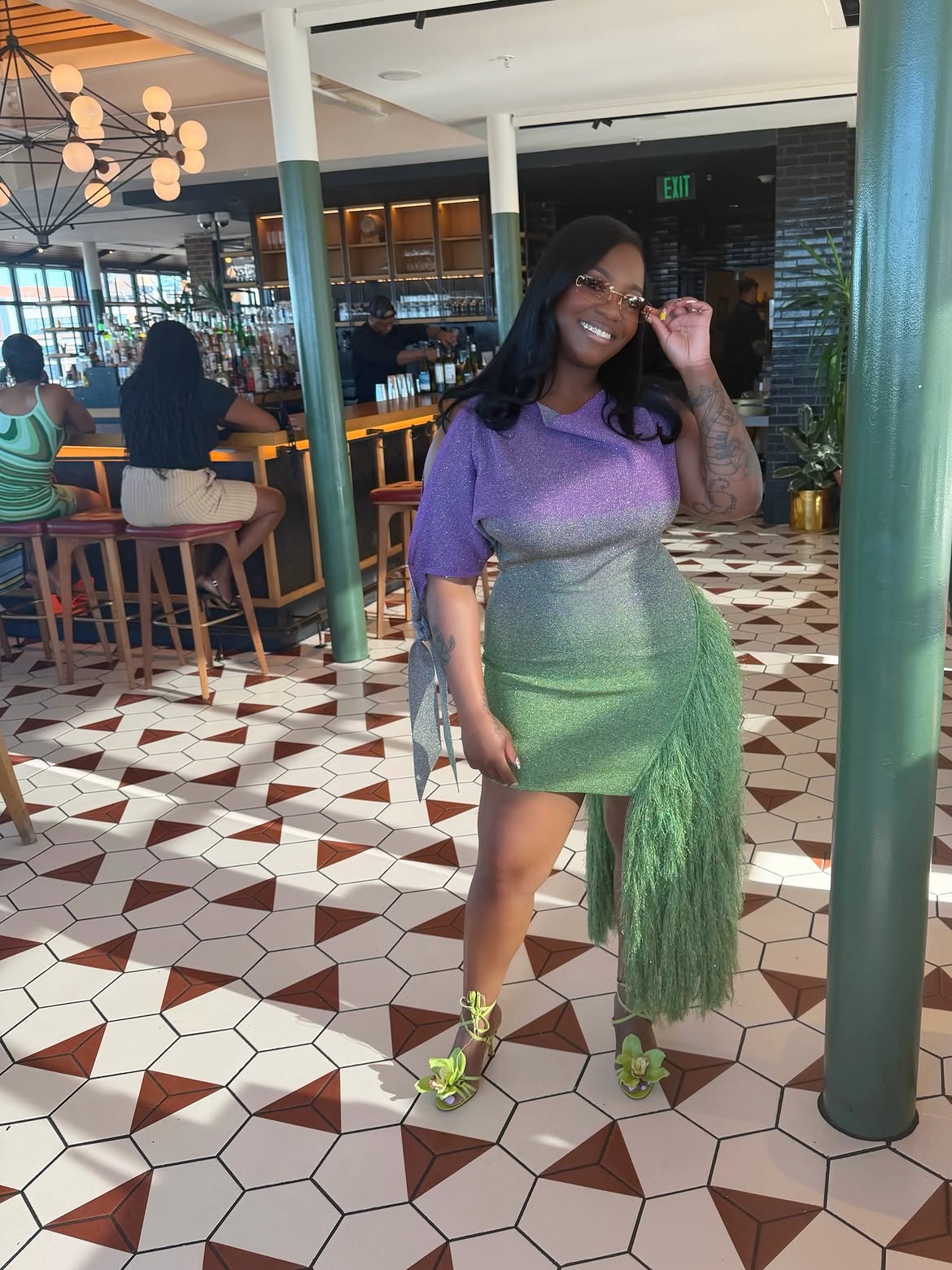 Customer wearing Aura Ombre Mini Dress, look 6