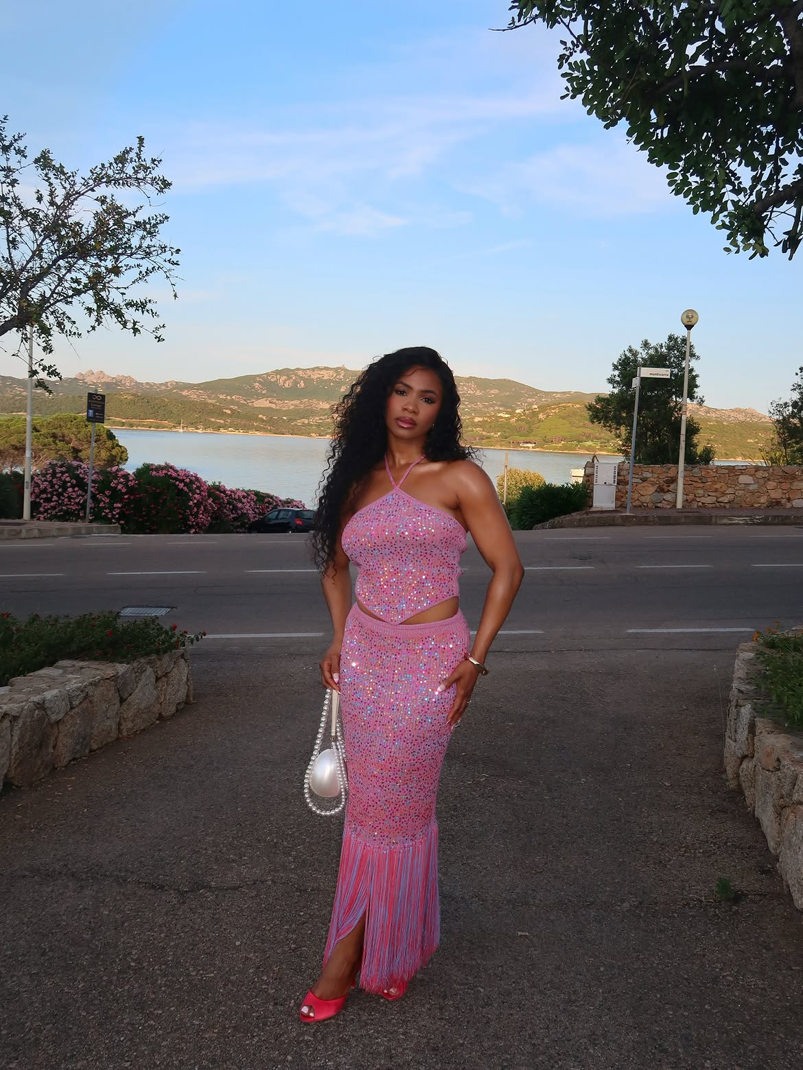 Customer wearing Celia Sequined Fringe Co-Ord Set, look 1
