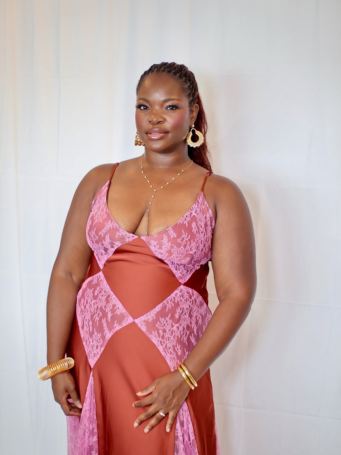 Customer wearing Desire Slip Gown, look 6