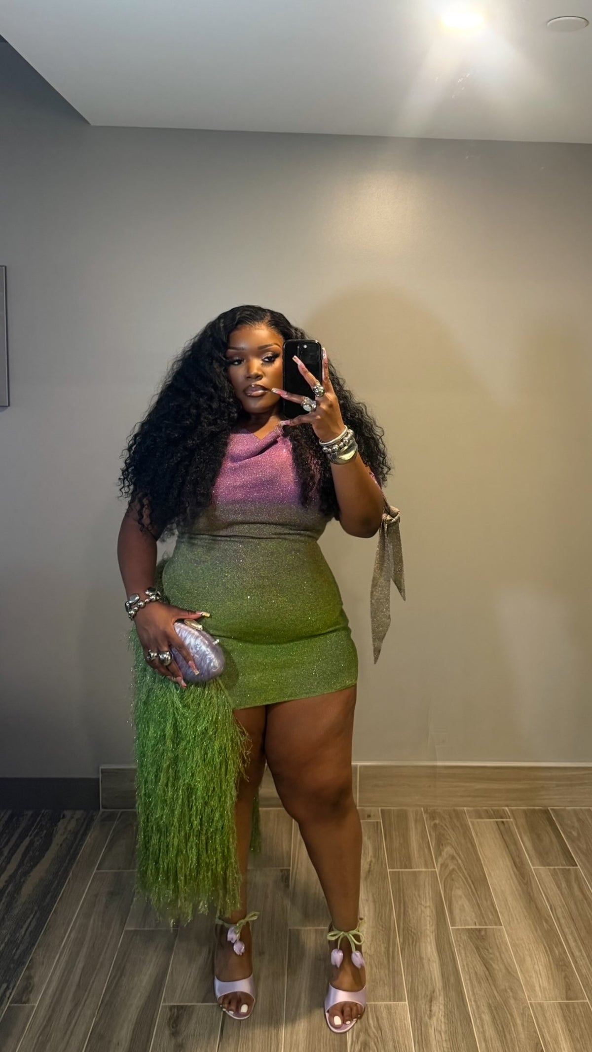 Customer wearing Aura Ombre Mini Dress, look 8
