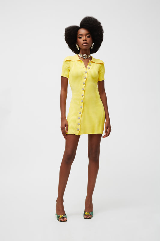 mini dress, embellished buttons, yellow  dress, knit  dress, ribbed knit dress